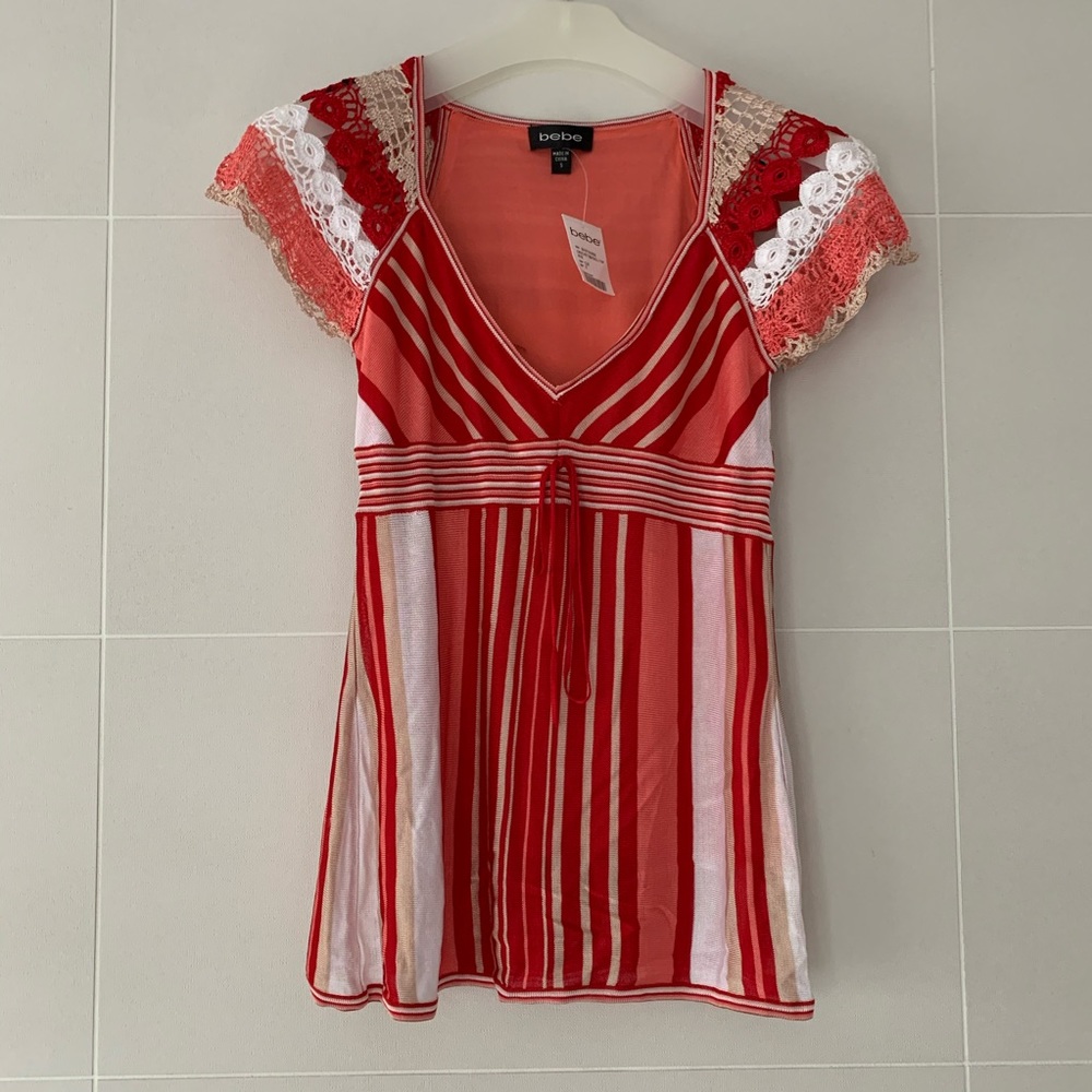 NWT Bebe Striped Crochet and Knit Top, Size XS